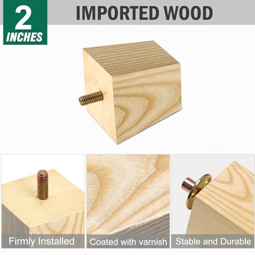 FoDau770 Square Furniture Legs 2 Inch, Ash Wood Legs with 5/16"-18 Bolts - size: 2 Inch