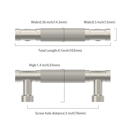 Brushed Nickel Knurled Cabinet Handles Kitchen Pulls 3 Inch 10 Pack - color: Brushed Satin Nickel, size: 3" Hole Center