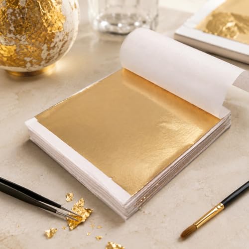Gold Leaf Sheets 100pcs, 3.35" x 3.15" Imitation Gold Foil Paper for Gilding Crafting Art DIY Canvas Home Decor Picture Frames Interior and More Multi Artistic Decoration