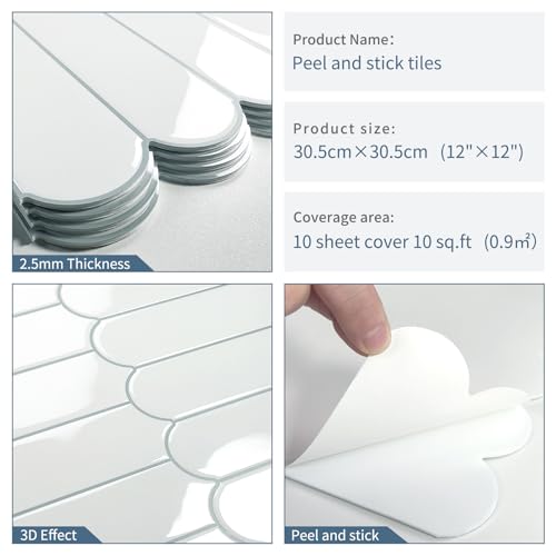 White Peel and Stick Backsplash Self Adhesive Wall Tiles 10-Sheet - color: White