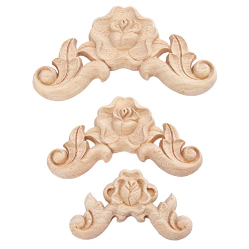 4Pcs Wooden Carved Rose Appliques Onlays, Furniture Corner Carvings Decals - size: 10x10cm/3.94"x3.94"