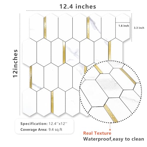 Vamos Tile Long Hexagon Peel and Stick Backsplash Tile - 10 Sheets Stick on Backsplash for Kitchen and Bathroom 12.4 x 12 Inch White Marble Look PVC Mixed Metal Gold Self Adhesive Mosaic Wall Tiles - color: Statuary Marble Look with Gold Metal