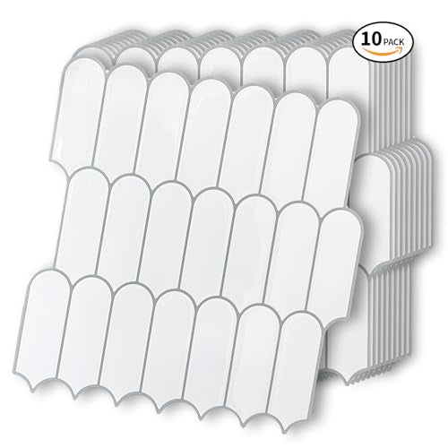 10 Sheet Peel and Stick Backsplash Tile for Kitchen, 12” x 12” Self Adhesive Glossy Vinyl Wall Subway Tiles Waterproof No Residual for Bathroom Fireplace, White with Gray Grout - color: White