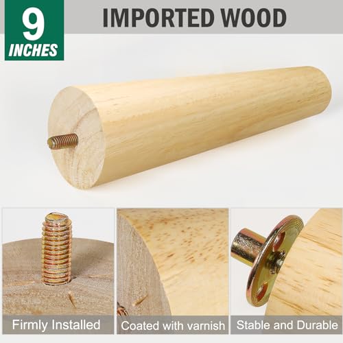FoDau770 Rubber Wood Legs 9", Straight Taper, 5/16"-18 Thread, 4pcs - color: Varnish, size: 9 Inch - Straight (90°)