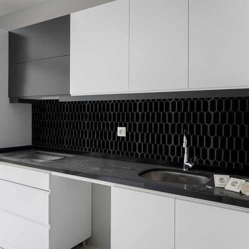Peel and Stick Tile for Kitchen, Thicker Design 3D Self -Adhesive Long Hexagon Wall Tile Backsplash, Black 10-Sheet 12"x12" Stick on Tiles, Peel and Stick Wall Tiles for Kitchen - color: Black