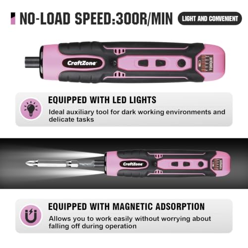 Rechargeable Cordless Electric Screwdriver Set, 28‑Piece Bit - color: Pink