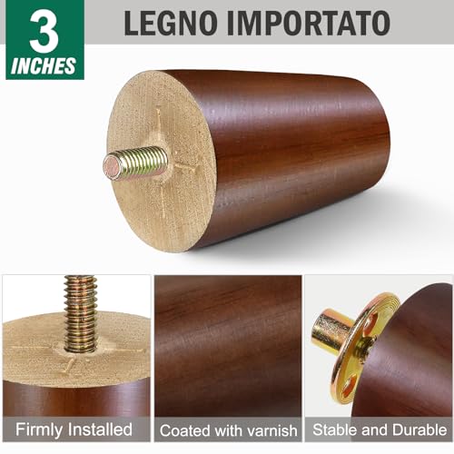 FoDau770 Rubber Wood Legs 3", Straight Taper, 5/16"-18 Thread, Brown, 8pcs - color: Brown, size: 3 Inch - Straight (90°)