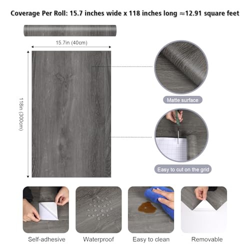 Grey Wood Contact Paper Peel and Stick Thick Oak Wood Grain Wallpaper for Kitchen Cabinet Countertop Contact Paper Waterproof Woods Self Adhesive Vinyl Wallpaper for Desk Table 15.7"x118" - size: 15.7" x 118"