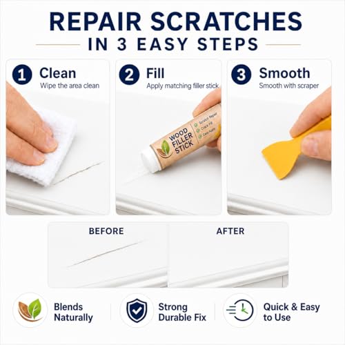 White Wood Filler Sticks 3 Pack, Quickly White Wax Fill Stick, Wood Repair Kit for Scratches, Crack, Scuffs, Gouges on Wooden Funiture, Floors, Cabinets, Tables, and Doors