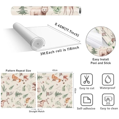 HLNIUC Beige Woodland Peel And Stick Wallpaper 17”x118”Forest Themed Room Paper Safari Animal Wall Paper Jungle Woodland Contact Paper Wildlife Fox Deer Bear Owl Wall Mural Squirrel Paper for Nursery - color: Style 6