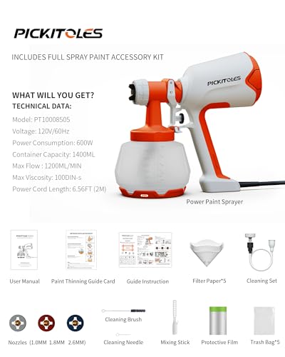 PICKITOLES Paint Sprayer,HVLP Paint Sprayer,Electric Spray Gun with 3 Patterns & 1400ML,for Latex Paint,Stain,Furniture,Cabinet,Wall,House Painting,Garden & DIY,Complete Cleaning Kit,Orange
