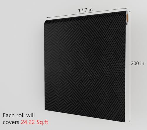 Decotalk Black Textured Geometric Peel and Stick Wallpaper - Black Textured Wallpaper for Bedroom 17.7x200 Inch Geometric Wall Paper Removable Dark Cabinets Vinyl Wrap, Renter Friendly - size: 17.7" x 200"