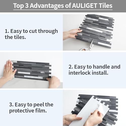 AULIGET 20 Sheets Peel and Stick Backsplash, Black & Grey Wood Look PVC Mixed Metal Stick on Backsplash Tiles for Kitchen - color: Black Grey Wood + Metal Silver, size: 20 Sheets, 6"x12"x0.12"