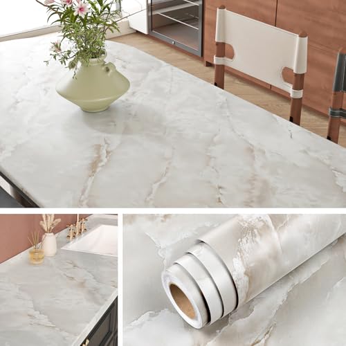 Livelynine 15.8x197 Renter Friendly Beige Marble Countertop Contact Paper Waterproof Peel and Stick Countertops Kitchen Vinyl Counters Desk Wrap Self Adhesive Cream Tan Wallpaper for Table Laminate - color: Tan Marble, size: 15.8" x 197"