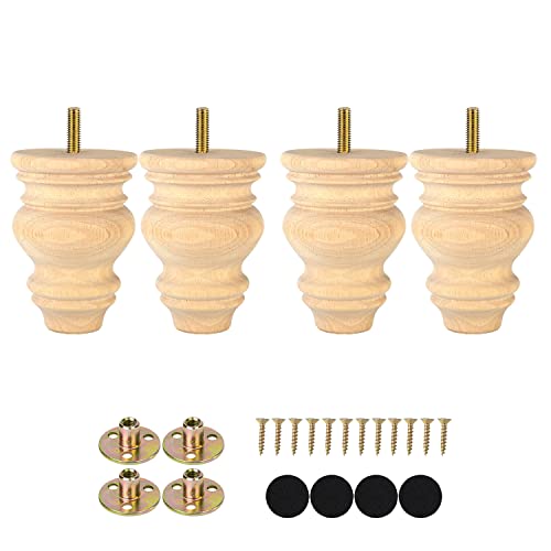 Michanco 4 Inch Unfinished Bun Feet for Couch Sofa Cabinet Ottoman DIY Replacement Wood Furniture Legs Set of 4 M8 Bolt Screw in - color: 4 Inch Unfinished