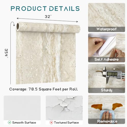 VEELIKE Travertine Contact Paper Peel and Stick Countertops Vinyl Wrap - size: 32" x 354"