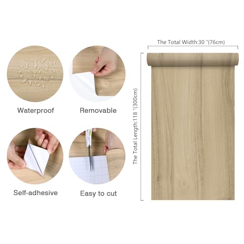 CHIHUT Extra Wide Wood Grain Contact Paper 30"x118" Light Oak Wood Peel and Stick Wallpaper for Kitchen Bathroom Self Adhesive Removable Wooden Grain Contact Paper for Countertops Cabinets Vinyl Wrap - size: 30" x 118"