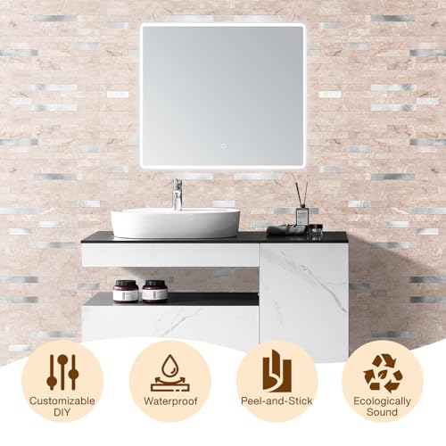 Peel and Stick Backsplash Tile Waterproof Removable PVC Wall Sticker 3D Faux Stone Marble Brick White Accent Panels (Pink Marble - Metal Silver, 40 Tiles - 18 sq. ft. (1.68 m²)) - color: Pink Marble - Metal Silver, size: 40 Tiles - 18 sq. ft. (1.68 m²)