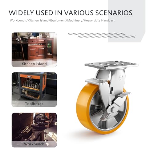 6 Inch Heavy Duty Casters Set of 4, Industrial Locking Casters 6000lbs Load Capacity, Plate Swivel Castor Wheels for Heavy Duty Carts, Workbench, Equipment, Platform Truck (Orange) - style: 6″ With brake