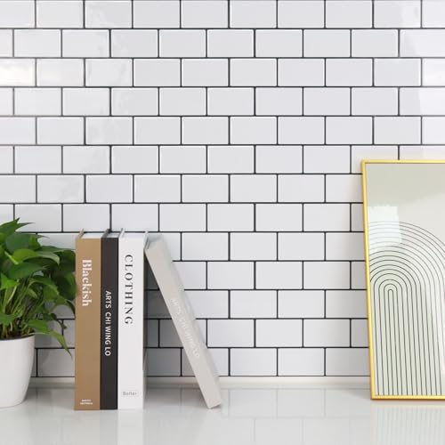 STICKGOO Subway Tile Peel and Stick Backsplash, Thicker Design 12" x 12" Stick on Backsplash Tiles for Kitchen, Bathroom, Wall Tile (1 Sheet, Cold White with Black Grout)