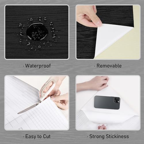 Wallercity Black Wood Grain Contact Paper for Countertops Vinyl 15.8x236 in - color: Black, size: 15.8" x 236"