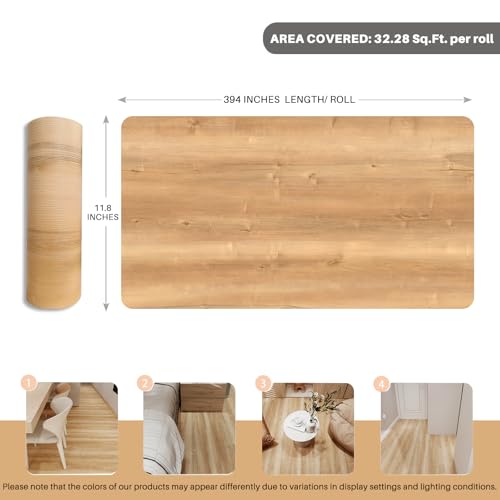 Wood Grain Peel and Stick Floor Tiles, 11.8" W × 394" L, Natural Oak - color: Yellow, size: 394"*11.8"