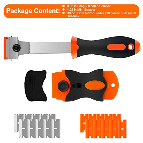 Heavy-Duty & Gentle Scraper Duo Kit | 2-in-1 Metal & Plastic Scraper Set with 20 Blades | Perfect for DIY, Kitchen Stovetop, Window Decals, Bathroom Caulk & Paint Removal - size: Long-handle
