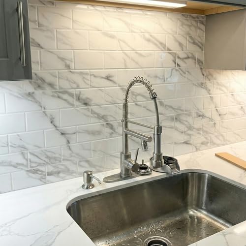 From Plain To Beautiful In Hours 129 Subway PVC 2' x 8' Glue-up Backsplash Panels (Covers / 32 sq.ft), Marble, 2 Piece - color: Marble, size: Pack of 2