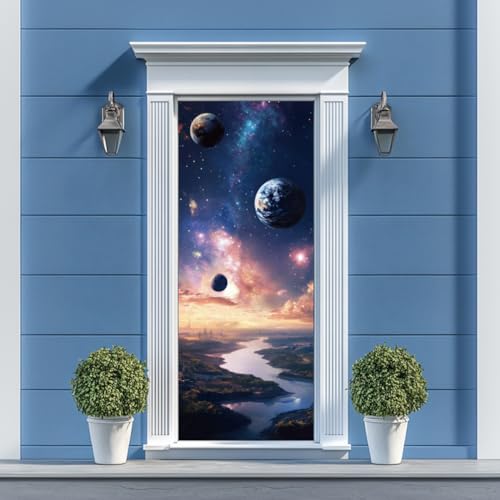 arricraft 2 Sheets Planet Self-Adhesive Door Sticker, 31.5x78.7inch Milky Way Starry Sky Door Murals Stickers PVC Removable Wallpaper Decoration for Bedrooms Living Room - style: Planet