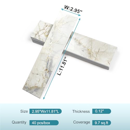 Vamos Tile Peel & Stick Backsplash on Subway Tile,40-Pack 3''x12'',Glossy - color: Pandora Marble with White Grout