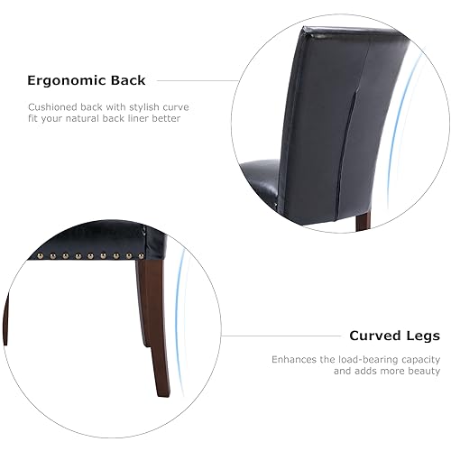 COLAMY Upholstered Parsons Dining Chairs Set of 6, PU Leather Dining Room Kitchen Side Chair with Nailhead Trim and Wood Legs - Black - color: L-black, size: Set of 6