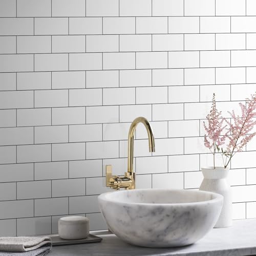 Vamos Tile 100-Piece Glossy Pure White Peel and Stick Backsplash Tile,3''x6'' PVC Subway Tile with Dark Gray Grout,Stick on Backsplash for Kitchen/Bathroom/Fireplace - color: Pure White with Dark Gray Grout