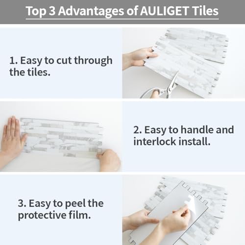 AULIGET 20 Sheets White Stone Peel and Stick Backsplash, PVC Mixed Metal Silver Wall Tile Stick on Backsplash for Kitchen and Bathroom - color: White Stone + Metal Silver, size: 20 Sheets, 6"x12"x0.12"