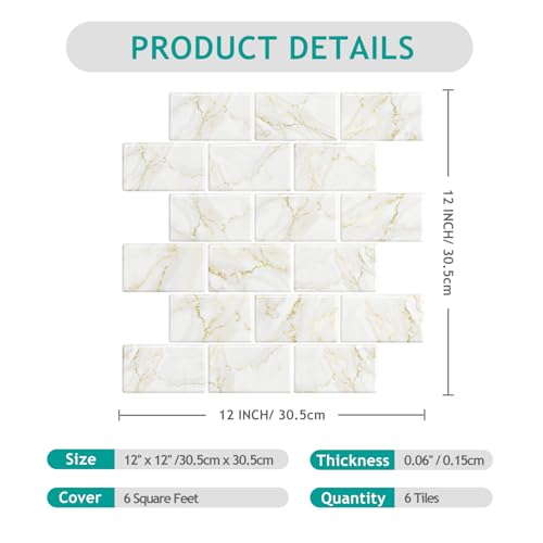 VEELIKE Gold Marble Subway Tile Peel and Stick Backsplash for Kitchen Back Splash Tile Stickers 6-Sheets Adhesive Stick on Backsplash Peel and Stick for Bathroom Renter Friendly Wall Tiles 12''x12'' - size: Box of 6 Tiles