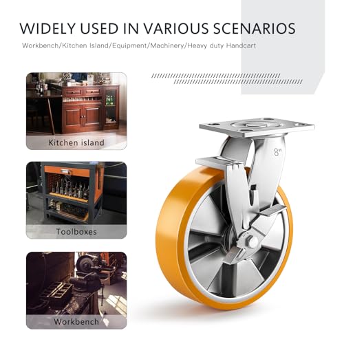 8 Inch Heavy Duty Casters Set of 4, Industrial Locking Casters 7000lbs Load Capacity, Plate Swivel Castor Wheels for Heavy Duty Carts, Workbench, Equipment, Platform Truck (Orange) - style: 8″ With brake