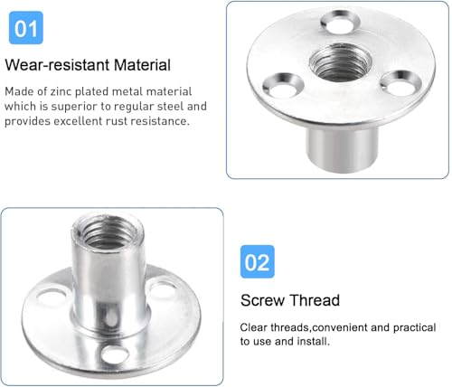 5Pcs M8 Brad Hole Tee Nut Carbon Steel Round Base Screw-in T-Nuts Furniture Hardware Flange Female Thread Insert Nuts