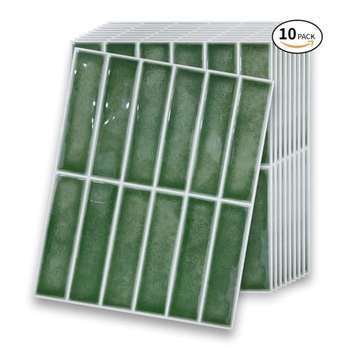 10-Sheet Marble Green Peel and Stick Backsplash Tile 10" x 8", Self Adhesive 3D Wall Tile Waterproof Stick On Tiles for Kitchen Bathroom Fireplace, Green Marble - color: Green Marble