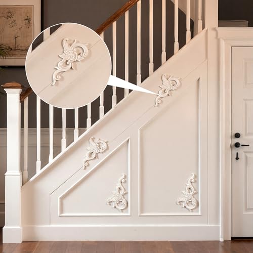 2 PCS Baroque Style Flower Carved Onlay Applique White PVC Appliques for Furniture Decorative 3D Symmetrical Furniture Decorative for Cabinets Dressers Mirrors DIY Home(Modern) - style: Modern