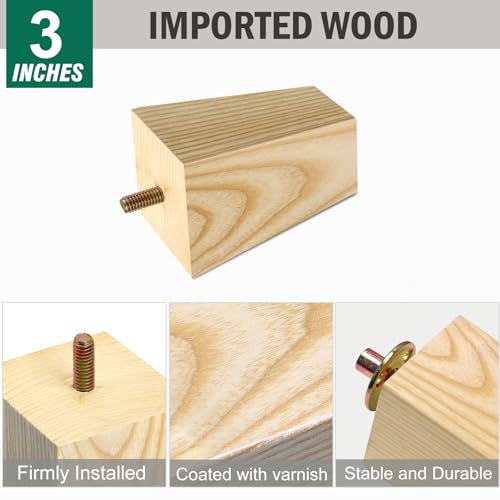 FoDau770 Square Furniture Legs 3 Inch, Ash Wood Legs with 5/16"-18 Bolts - size: 3 Inch