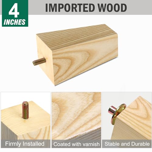 FoDau770 Square Furniture Legs 4 Inch, Ash Wood Legs with 5/16"-18 Bolts - size: 4 Inch