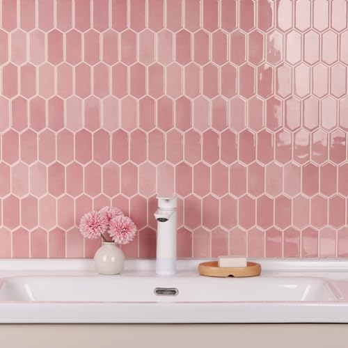 Peel and Stick Tile for Kitchen, Thicker Design 3D Self -Adhesive Long Hexagon Wall Tile Backsplash, Pink 10-Sheet 12"x12" Stick on Tiles, Peel and Stick Wall Tiles for Kitchen - color: Pink