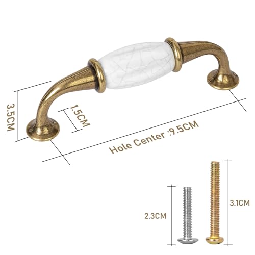 Retro Ceramics Cabinet Handles, French Style 2 Pcs White Ceramic Zinc Alloy Pulls with Screws for Cupboards Wardrobe Drawer Dresser, 3.77" Inch Center to Center Spacing