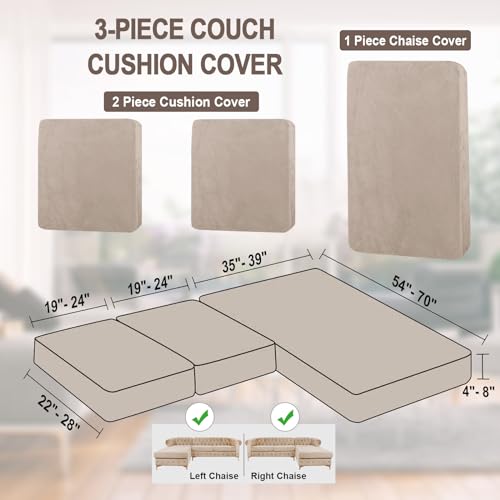 NAISI Sectional Couch Cover 3 Pieces Velvet Separate Couch Cushion Covers L Shape Soft Stretch Sofa Slipcovers with 2pcs Pillowcases for Left/Right Chaise Sectional Couch(2 Seater+1 Chaise,Taupe) - color: Taupe, size: 2 Seater + 1 Chaise