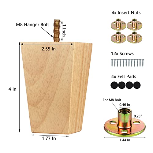 Maricome 4 Inch Sofa Legs Set of 4 Replacement Feet for Couch Wood Furniture Legs Pre-Installed M8 Bolt Screw in Heavy Duty Pyramid Square - size: 4 Inch Natural