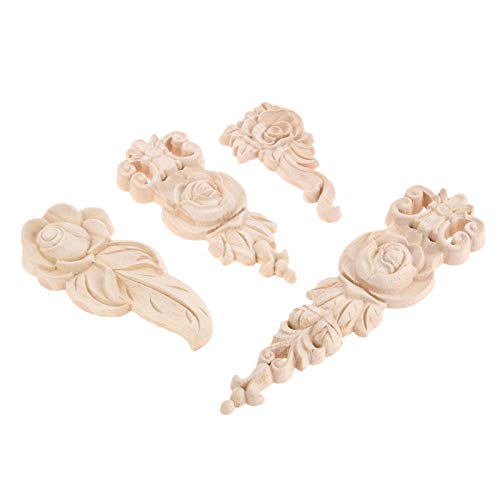 4Pcs Wood Appliques Onlays Wooden Carved Rose Carving Decals, Style B - size: Style B: 13x5.5cm/5.12"x2.17"