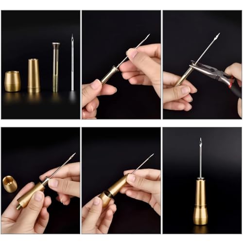 Frdhee 7PCS Leather Sewing Awl Needle with Copper Handle, Upholstery Repair Kit 3 Rolls 50 M Nylon Cord Thread and 2PCS Thimble for Handmade Leathercraft Sewing Tools Shoes Repair