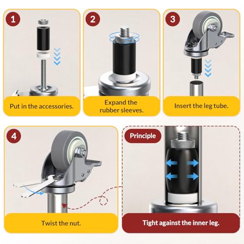 HOLKIE Caster Wheels Locking 3 Inch Expanding Stem Casters, Threaded Swivel Casters Set of 4 Heavy Duty Castors, Fit 1", 1-1/4", 1-2/5", 1-1/2",1-5/8" ID Stainless Steel Table, Cart, Furniture Legs - style: 3 Inch