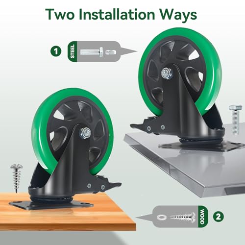 5 Inch Heavy Duty Swivel Caster Wheels with Brake Set of 4 - color: Green, size: 5 Inch