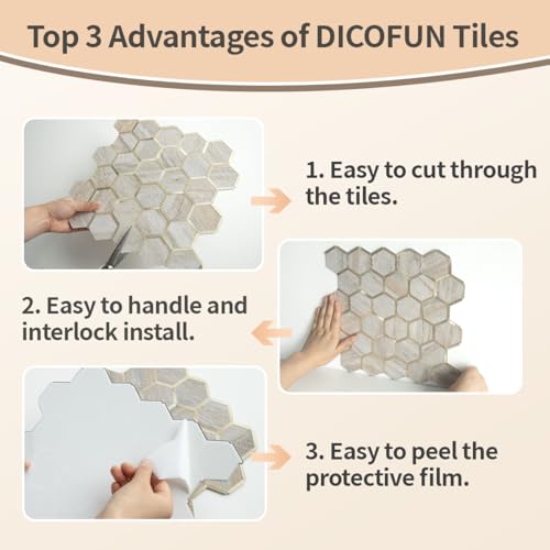 DICOFUN 1 Sheet Hexagon Peel and Stick Backsplash Tile, Beige Slate Mixed Gold Kitchen Backsplash Peel and Stick Wall Tiles - color: Beige Slate + Gold Metal Frame, size: 1 Sheet, 12''x12''x0.12''