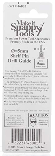 Make it Snappy Tools 46005 - 5mm Shelf Pin HSS Twist Drill Guide, Drill Holes For Standard Shelf Pins, 1/4-Inch Hex Power Bit Shank